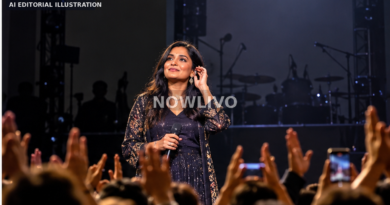 AI editorial illustration of a female Indian singer holding a microphone before a concert audience after a disputed stage interruption