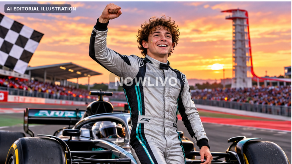 AI editorial illustration of a young Formula One driver celebrating beside a racing car at the Circuit of the Americas