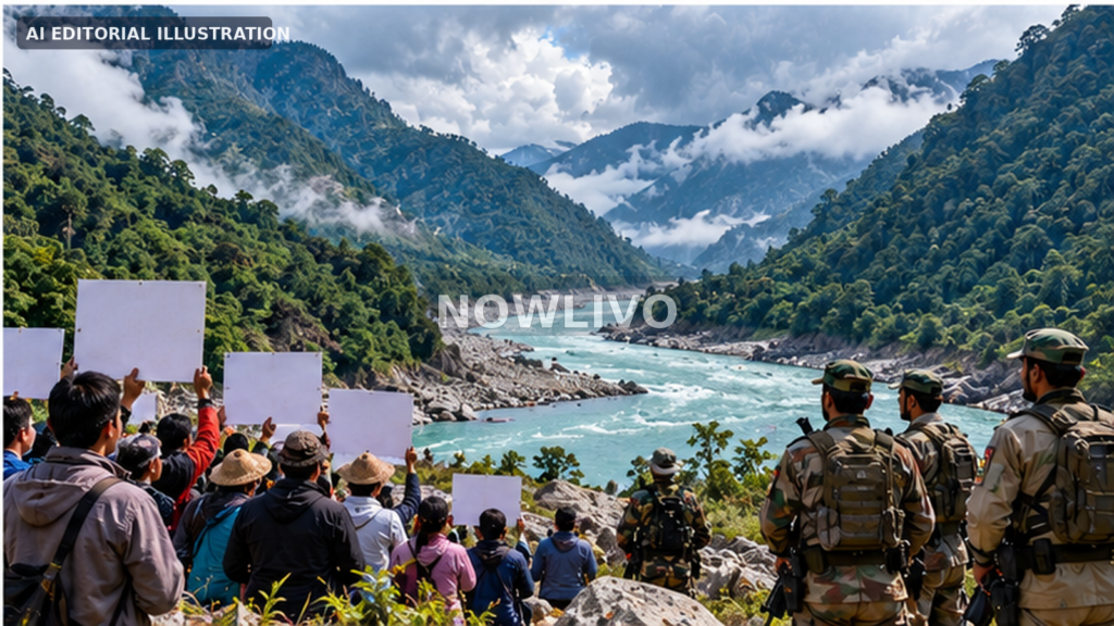 AI editorial illustration of protesters with blank placards and security personnel near the Siang River valley in Arunachal Pradesh