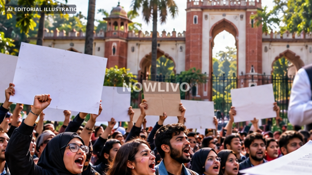 AI editorial illustration of students protesting outside a university gate with blank placards and legal documents in the foreground