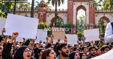 AI editorial illustration of students protesting outside a university gate with blank placards and legal documents in the foreground