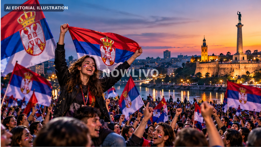 AI editorial illustration of crowds waving Serbian flags in Belgrade after a student-backed election victory