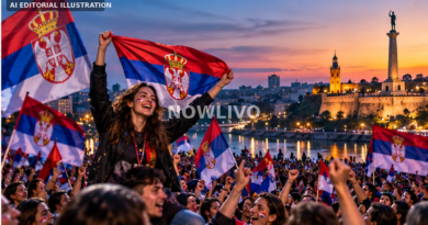 AI editorial illustration of crowds waving Serbian flags in Belgrade after a student-backed election victory