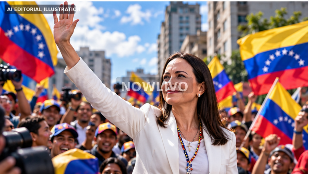 AI editorial illustration of a female Venezuelan opposition leader greeting supporters waving Venezuelan flags after returning to the country