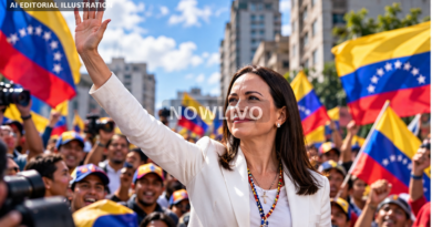 AI editorial illustration of a female Venezuelan opposition leader greeting supporters waving Venezuelan flags after returning to the country