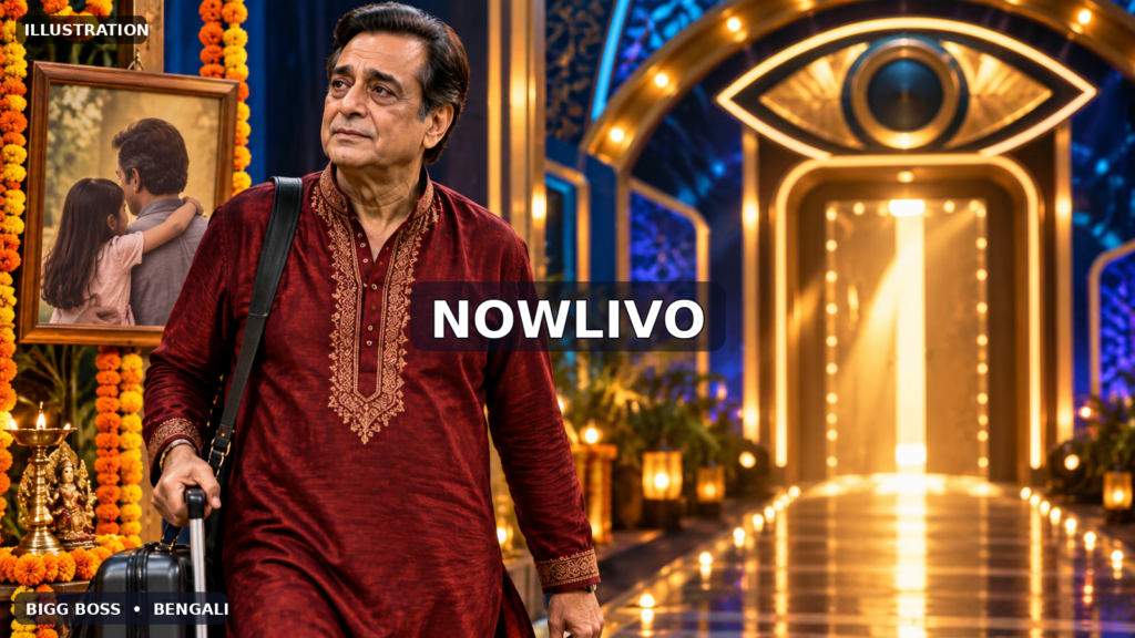 NOWLIVO editorial illustration of a fictional older Bengali actor with a suitcase near a glowing reality-show exit and a symbolic father-daughter photograph, representing Bharat Kaul’s reported departure.