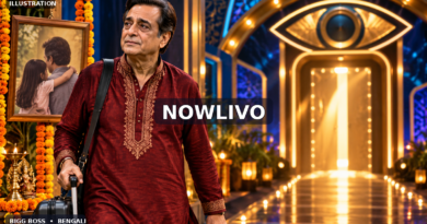 NOWLIVO editorial illustration of a fictional older Bengali actor with a suitcase near a glowing reality-show exit and a symbolic father-daughter photograph, representing Bharat Kaul’s reported departure.