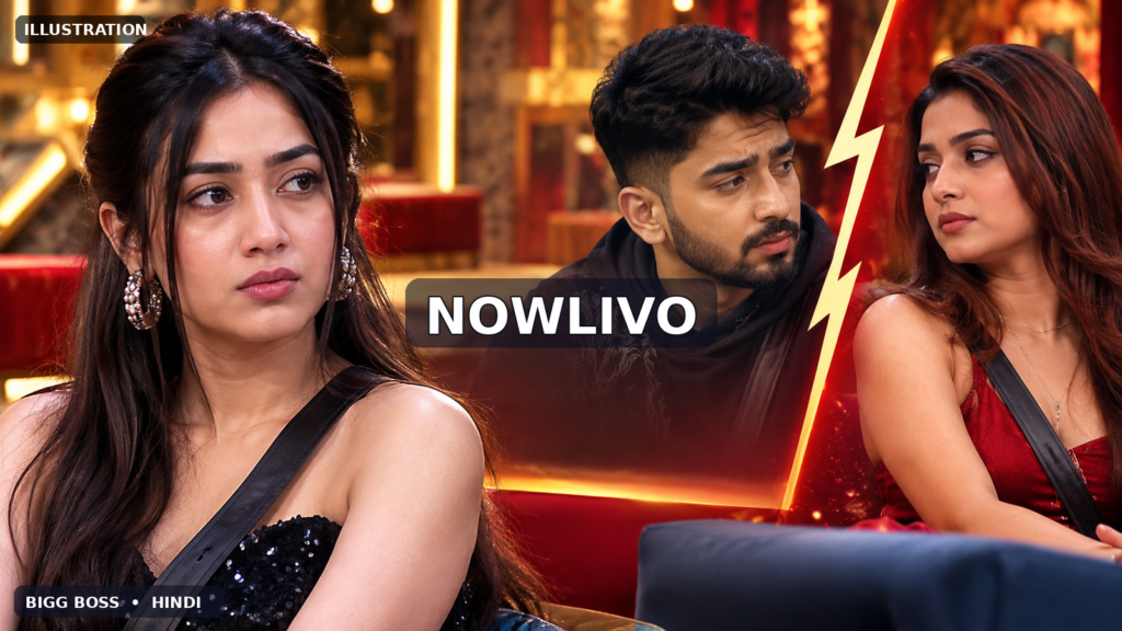 NOWLIVO illustrative composite of three fictionalized young adults in a tense reality-show discussion, representing Kaashvi Hiranandani questioning ScoutOP and Love Gill; not an episode photograph.