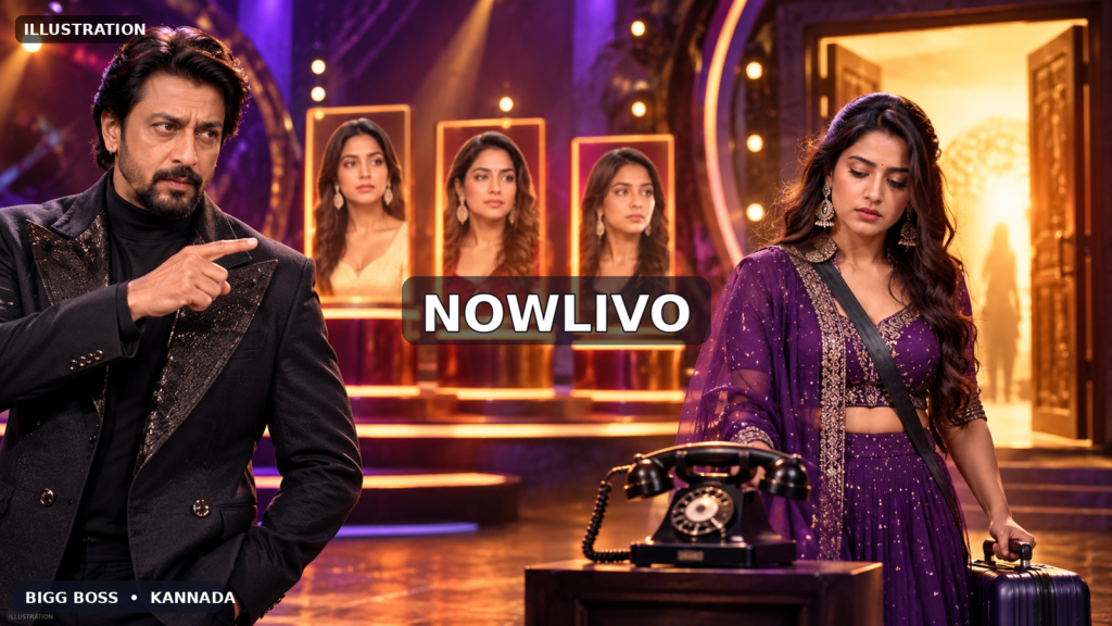 NOWLIVO conceptual illustration of a fictional Kannada reality-show host, a woman contestant, a vintage telephone and a glowing exit, representing Lakshmi Gowda’s reported eviction; not episode footage.