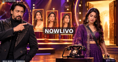 NOWLIVO conceptual illustration of a fictional Kannada reality-show host, a woman contestant, a vintage telephone and a glowing exit, representing Lakshmi Gowda’s reported eviction; not episode footage.