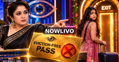 NOWLIVO conceptual illustration of a female guest host, a contestant departing through a glowing doorway and an unused eviction-free pass, representing Shama’s Bigg Boss Tamil 10 exit; not actual footage.