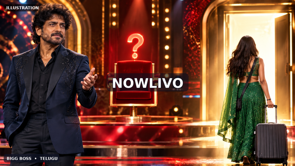 NOWLIVO editorial illustration of a fictional Telugu reality-show host beside an empty red chair and a woman departing with a suitcase, representing Dakshi’s reported Week 7 exit; not an actual scene.