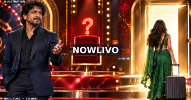 NOWLIVO editorial illustration of a fictional Telugu reality-show host beside an empty red chair and a woman departing with a suitcase, representing Dakshi’s reported Week 7 exit; not an actual scene.