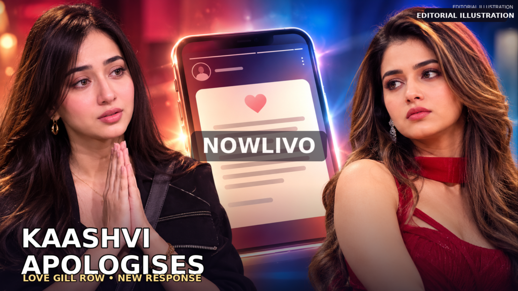 NOWLIVO editorial composite of two illustrative women beside a social-media statement, representing Kaashvi Hiranandani’s reported apology and the Love Gill dispute; not episode footage.