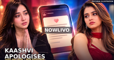 NOWLIVO editorial composite of two illustrative women beside a social-media statement, representing Kaashvi Hiranandani’s reported apology and the Love Gill dispute; not episode footage.