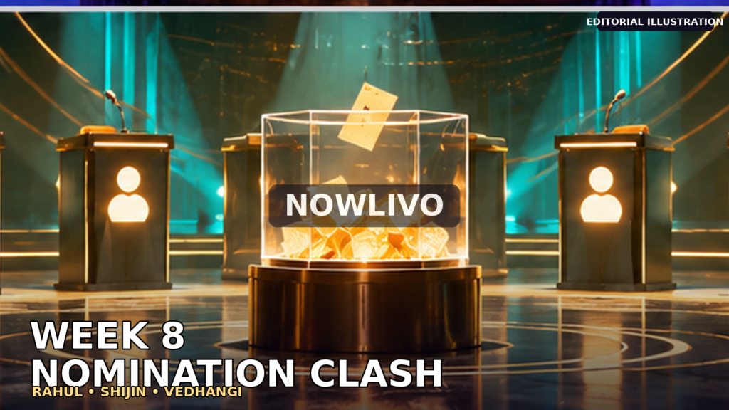 NOWLIVO conceptual editorial artwork of a dramatic nomination arena with name cards for Rahul, Shijin and Vedhangi; an illustration of the Week 8 promo, not a broadcast screenshot.