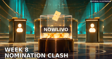 NOWLIVO conceptual editorial artwork of a dramatic nomination arena with name cards for Rahul, Shijin and Vedhangi; an illustration of the Week 8 promo, not a broadcast screenshot.