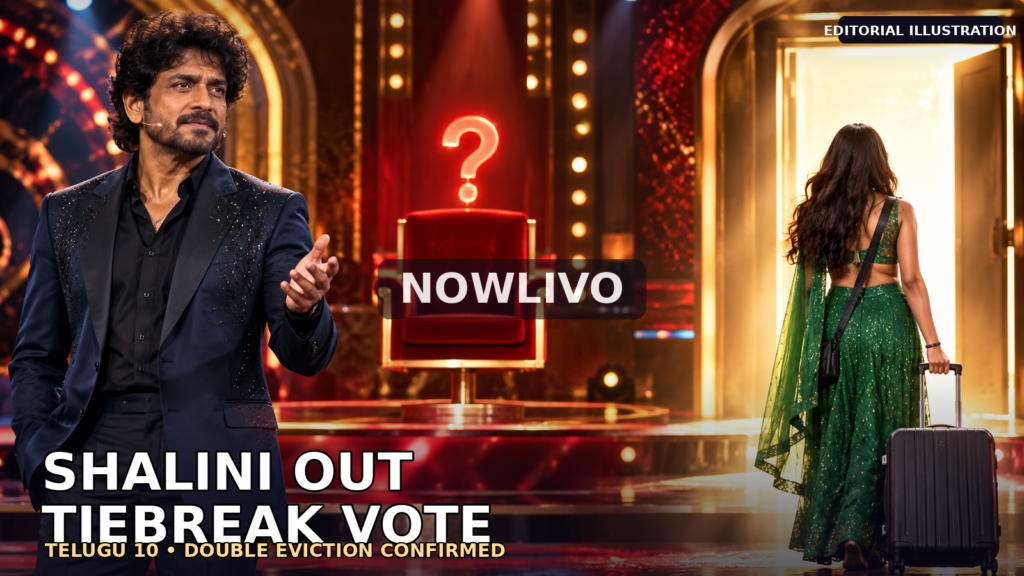 NOWLIVO illustrative composite showing a Telugu reality-show host, a woman approaching an exit and a symbolic voting chair, representing the reported Shalini and Dakshi double eviction; not a broadcast still.