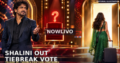NOWLIVO illustrative composite showing a Telugu reality-show host, a woman approaching an exit and a symbolic voting chair, representing the reported Shalini and Dakshi double eviction; not a broadcast still.