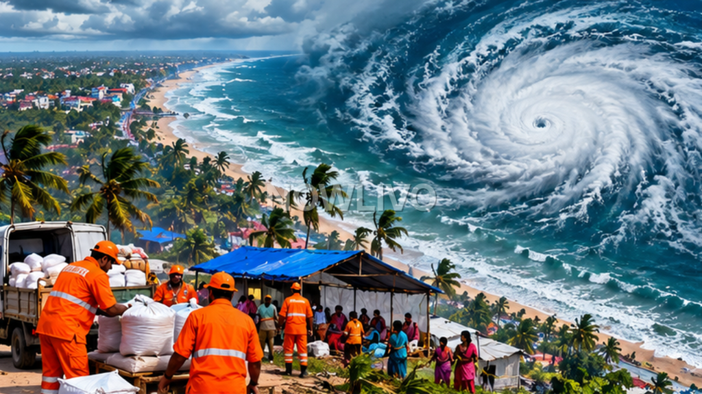 AI editorial illustration of coastal rescue workers preparing relief supplies under a dramatic Bay of Bengal cyclone sky