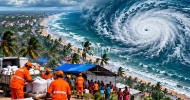 AI editorial illustration of coastal rescue workers preparing relief supplies under a dramatic Bay of Bengal cyclone sky