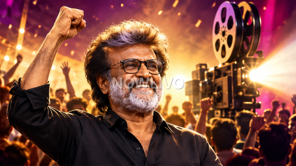 AI editorial illustration of Rajinikanth-like film star celebrating before a cinema crowd, not a documentary photograph