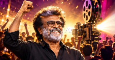 AI editorial illustration of Rajinikanth-like film star celebrating before a cinema crowd, not a documentary photograph