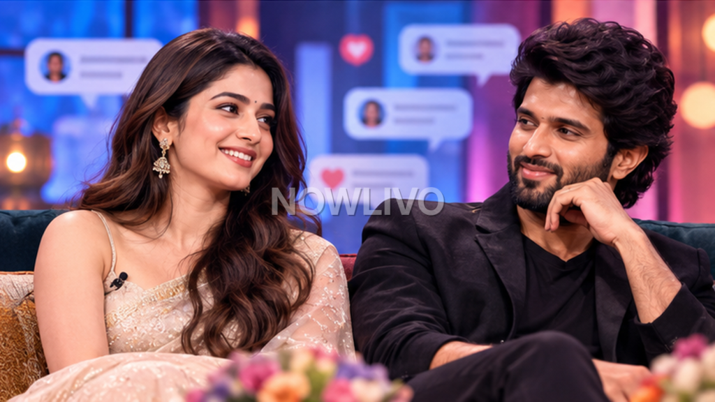 AI editorial composite of Rashmika Mandanna and Vijay Deverakonda smiling together on a talk-show set, not an actual episode still