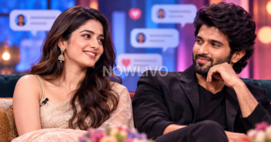 AI editorial composite of Rashmika Mandanna and Vijay Deverakonda smiling together on a talk-show set, not an actual episode still