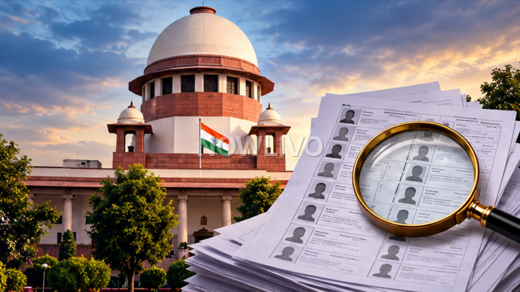 AI editorial illustration of India’s Supreme Court and electoral-roll papers examined under a magnifying glass