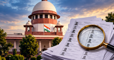 AI editorial illustration of India’s Supreme Court and electoral-roll papers examined under a magnifying glass