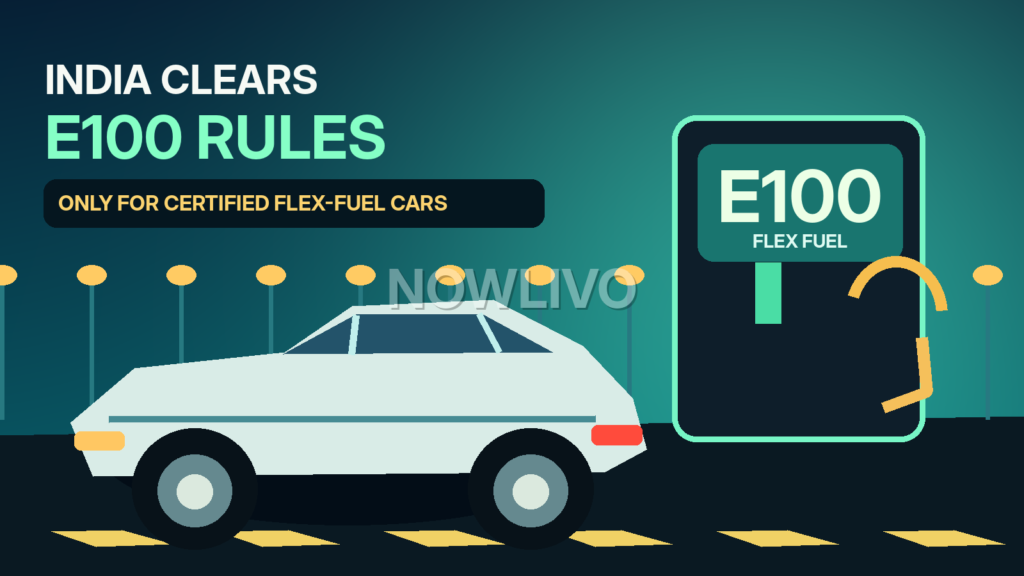 Original editorial illustration of an E100-compatible vehicle at a high-ethanol fuel pump, with a clear compatibility caution