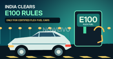 Original editorial illustration of an E100-compatible vehicle at a high-ethanol fuel pump, with a clear compatibility caution
