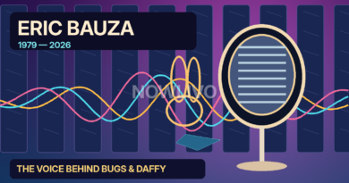Original tribute illustration of a professional voice-recording microphone, animation sketches and Eric Bauza’s name