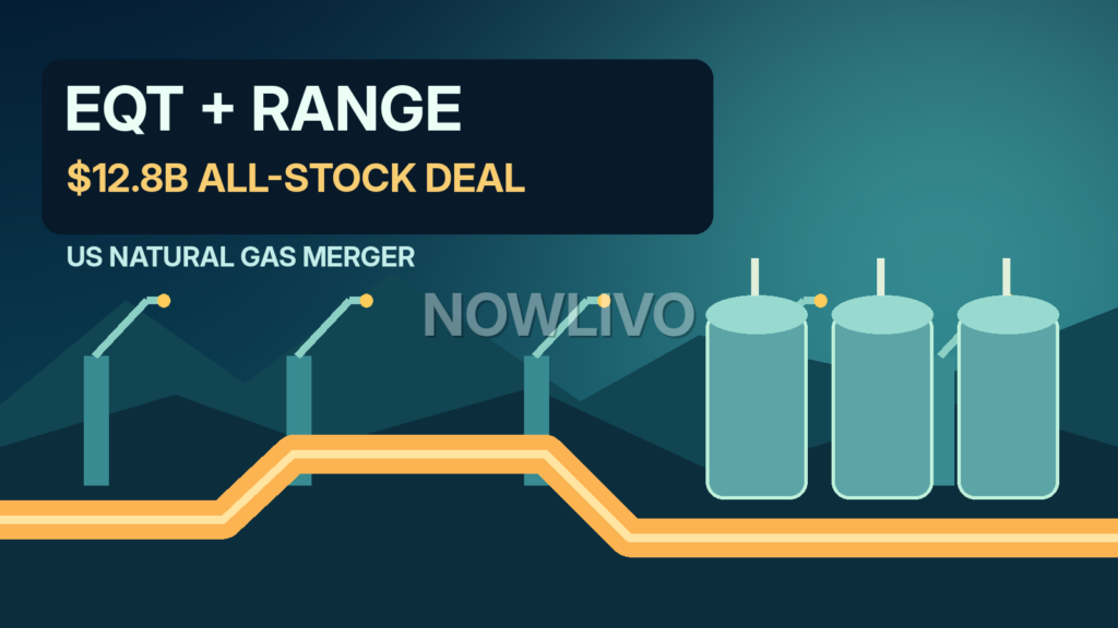 Original editorial illustration of US natural gas infrastructure, EQT and Range Resources transaction figures, and pipeline network