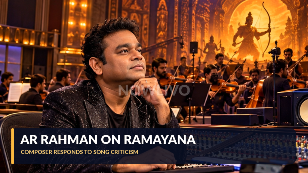 Illustrative editorial portrait of AR Rahman at a music mixing desk with an orchestra and epic Ramayana-inspired stage lighting