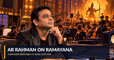 Illustrative editorial portrait of AR Rahman at a music mixing desk with an orchestra and epic Ramayana-inspired stage lighting