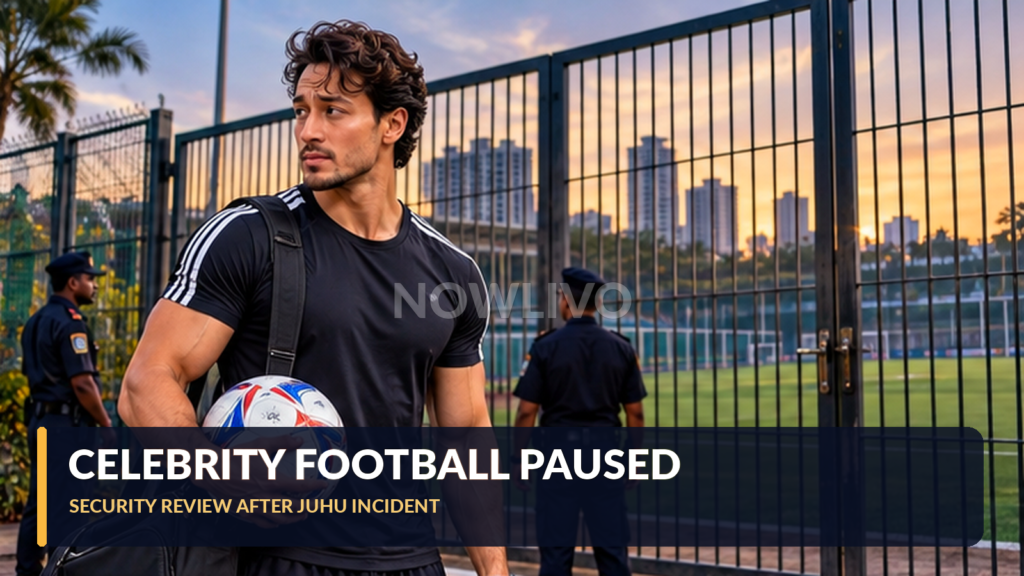 Illustrative image of a Tiger Shroff-like actor with football outside a secured Mumbai sports ground at dusk, not a photograph of the incident