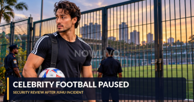 Illustrative image of a Tiger Shroff-like actor with football outside a secured Mumbai sports ground at dusk, not a photograph of the incident