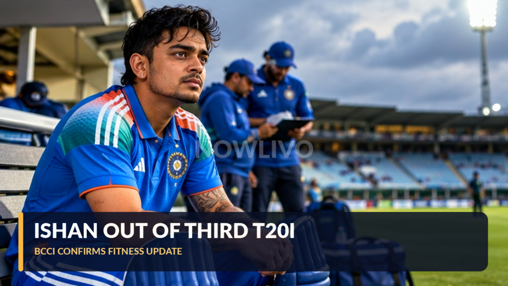 Illustrative portrait of an India wicketkeeper-batter resembling Ishan Kishan seated at a cricket ground as teammates prepare for a T20I