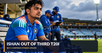 Illustrative portrait of an India wicketkeeper-batter resembling Ishan Kishan seated at a cricket ground as teammates prepare for a T20I