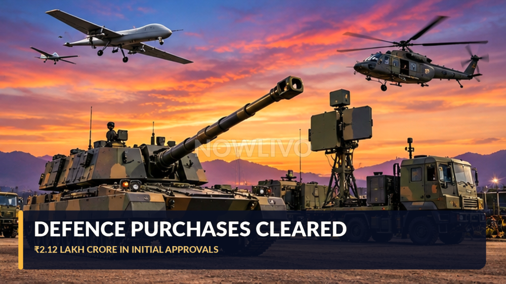 Illustrative Indian defence equipment display with self-propelled artillery, surveillance drones, helicopters and radar at sunset