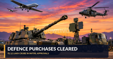 Illustrative Indian defence equipment display with self-propelled artillery, surveillance drones, helicopters and radar at sunset