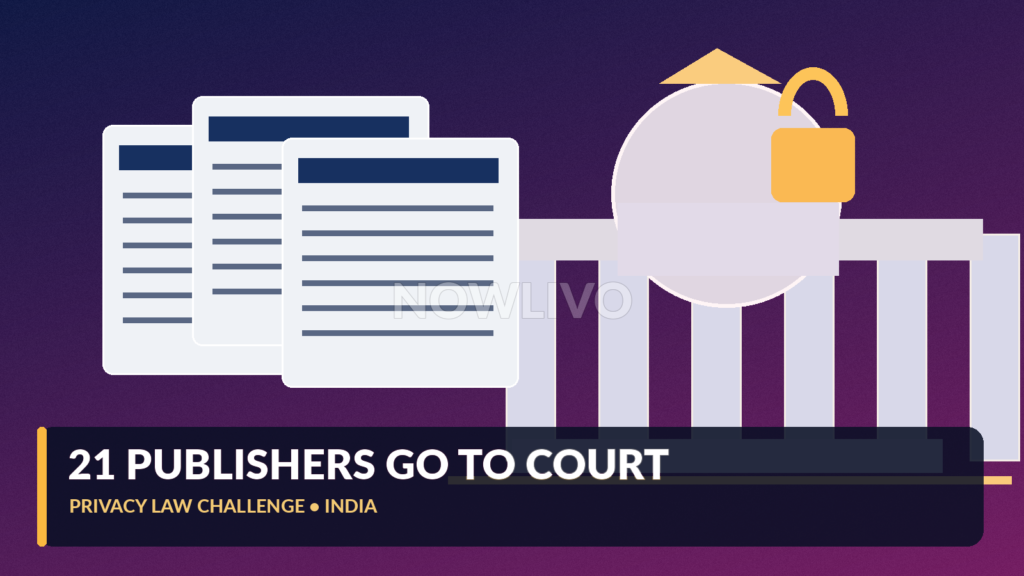 Illustrative Indian Supreme Court building with newspaper pages, a digital privacy lock and legal documents, not an actual court hearing