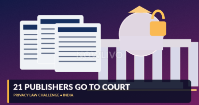 Illustrative Indian Supreme Court building with newspaper pages, a digital privacy lock and legal documents, not an actual court hearing