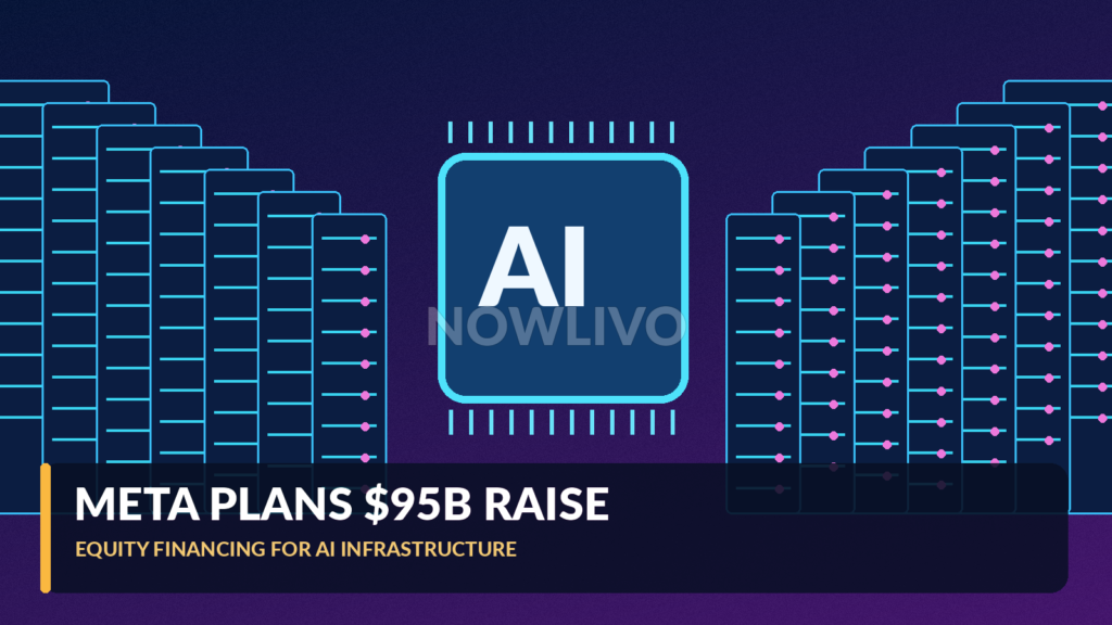 Editorial illustration of a large Meta-style AI data center with glowing server racks, semiconductor chips and financial market graphics