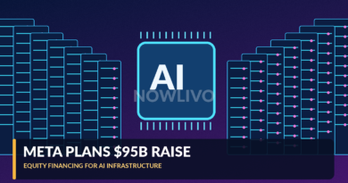 Editorial illustration of a large Meta-style AI data center with glowing server racks, semiconductor chips and financial market graphics