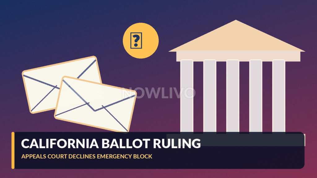 Conceptual illustration of California mail ballot envelopes, a courthouse and a US flag, without fabricated voter records