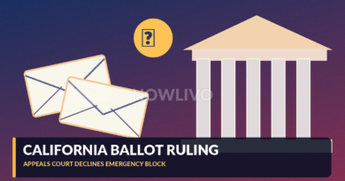 Conceptual illustration of California mail ballot envelopes, a courthouse and a US flag, without fabricated voter records