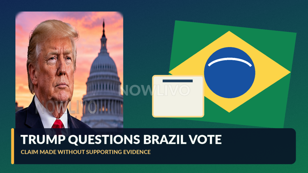 Editorial composite of Donald Trump before a US Capitol backdrop with Brazilian flags and an abstract ballot graphic, not a real meeting
